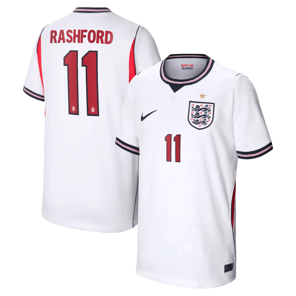 Rashford #11 England Home Jersey 2026 – White & Red – Kids
