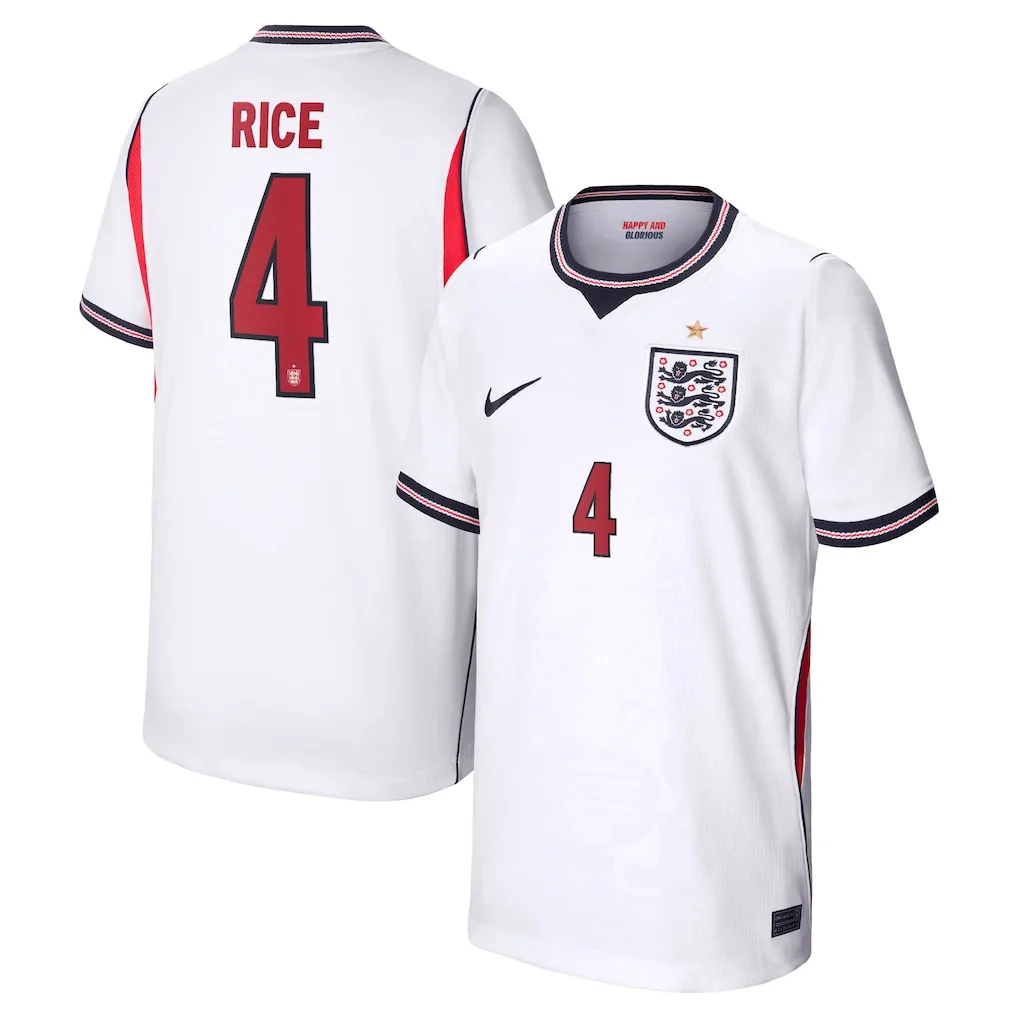 Rice #4 England Home Jersey 2026 – White & Red – Kids